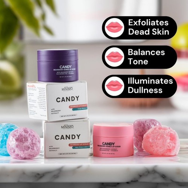 Minimo Candy Lip Exfoliator Scrub & Moisturizer - Lip Scrubber Exfoliator- Lip Brightening For Dark Lips Smoker| Removes Dead Skin from Dry Chapped Lips - Nourishes & Hydrates(1 oz) Pack Of 2