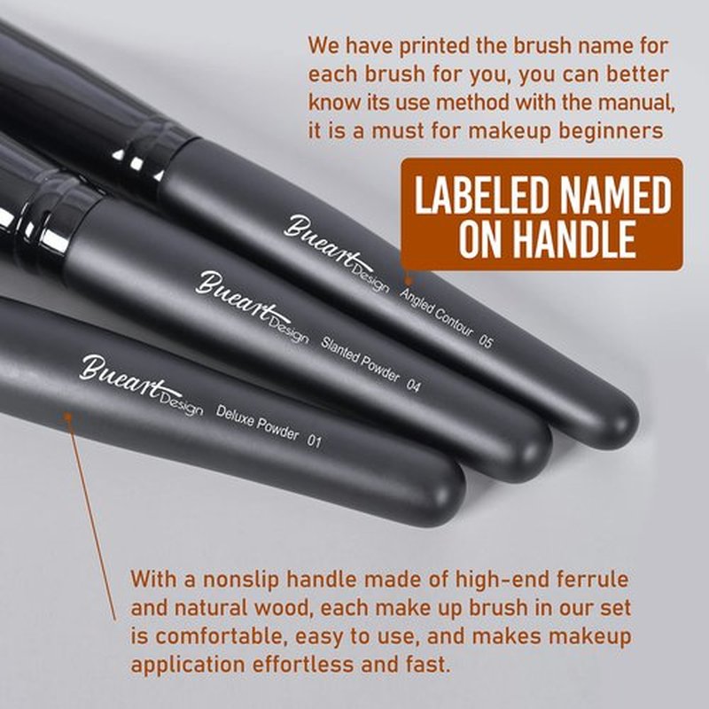 Bueart Design 19Pcs ULTRA SOFT Black labeled DENSE HAIR Makeup Brushes set Contains large powder Flat Foundation Ultimate Blending Make up Brush set Blush Face Brush Concealers contour Eyeshadow