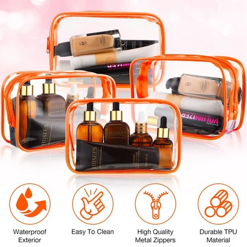 Weewooday 12 Pieces Clear Cosmetics Bag PVC Zippered Clear Toiletry Carry Pouch Cosmetic Makeup Bag Waterproof Makeup Bag Vinyl Plastic Organizer Case for Vacation Bathroom(Medium,Orange)