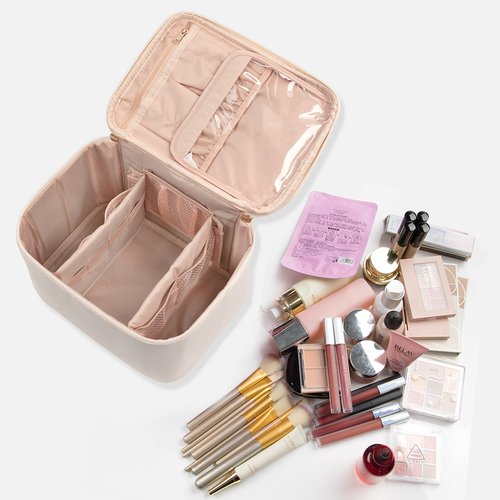 OCHEAL Makeup Bag, Portable Cosmetic Bag, Large Capacity Travel Makeup Case Organizer, Makeup Bags For Women Toiletry Bag for Girls Traveling With Handle and Divider- Beige Large