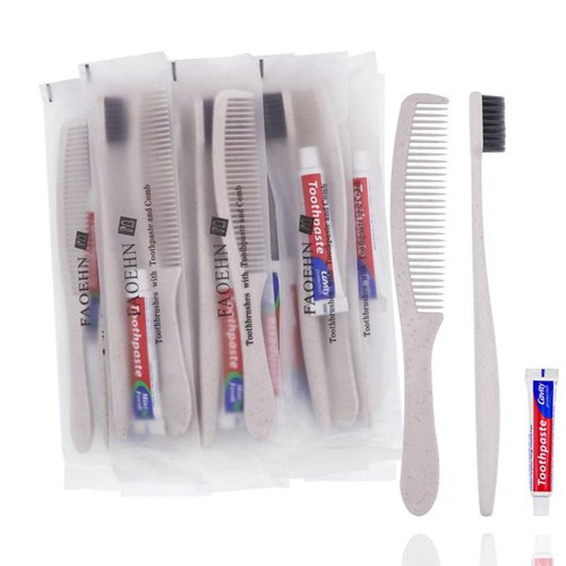 FAOEHN 10 Pack Apricot Disposable Toothbrushes with Toothpaste and Comb Set,10g Toothpaste,7inch Hair Comb,Individually Wrapped Disposable Travel Size Toothbrushes in Bulk for Homeless,Airbnb,Hotel