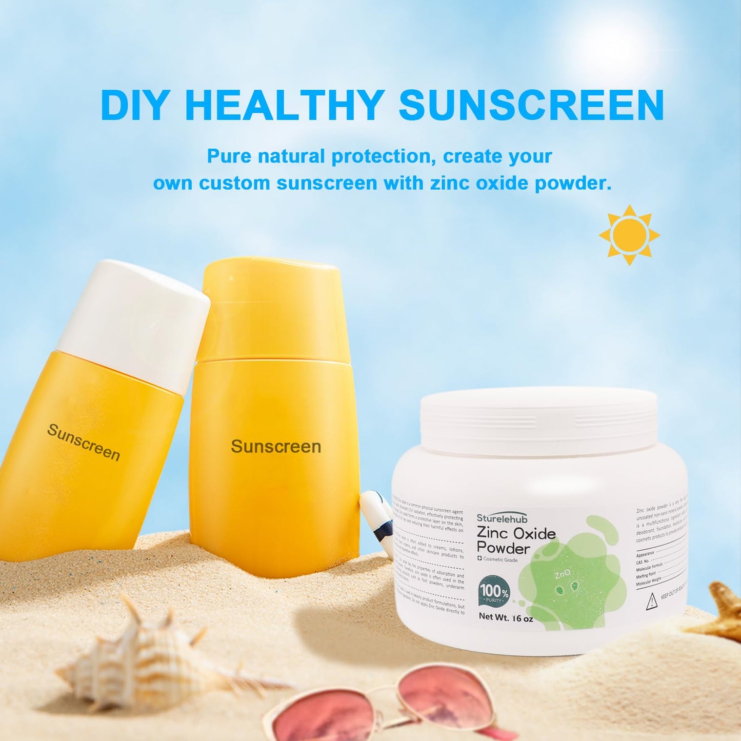 Zinc Oxide Powder, 16OZ 100% Purity, Non-Nano and Uncoated, Cosmetic Grade, Zinc Oxide Powder for DIY Sunscreen
