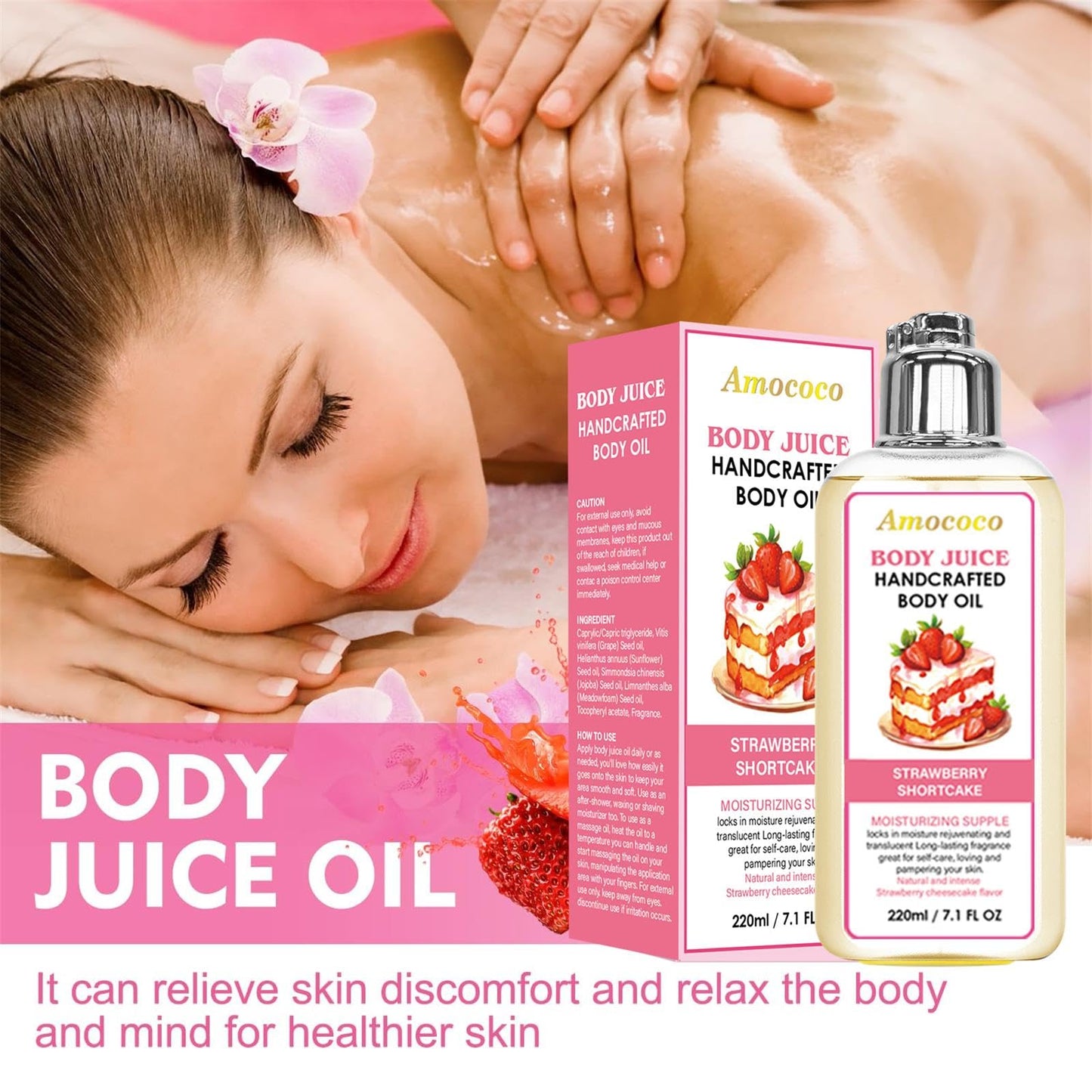 Amococo Strawberry Body Juice Oil, Moisturizing Dry Skin Care with Natural Oils, Lightweight Fast Absorbing Formula for Soft Smooth Skin, 7.1 Fl Oz