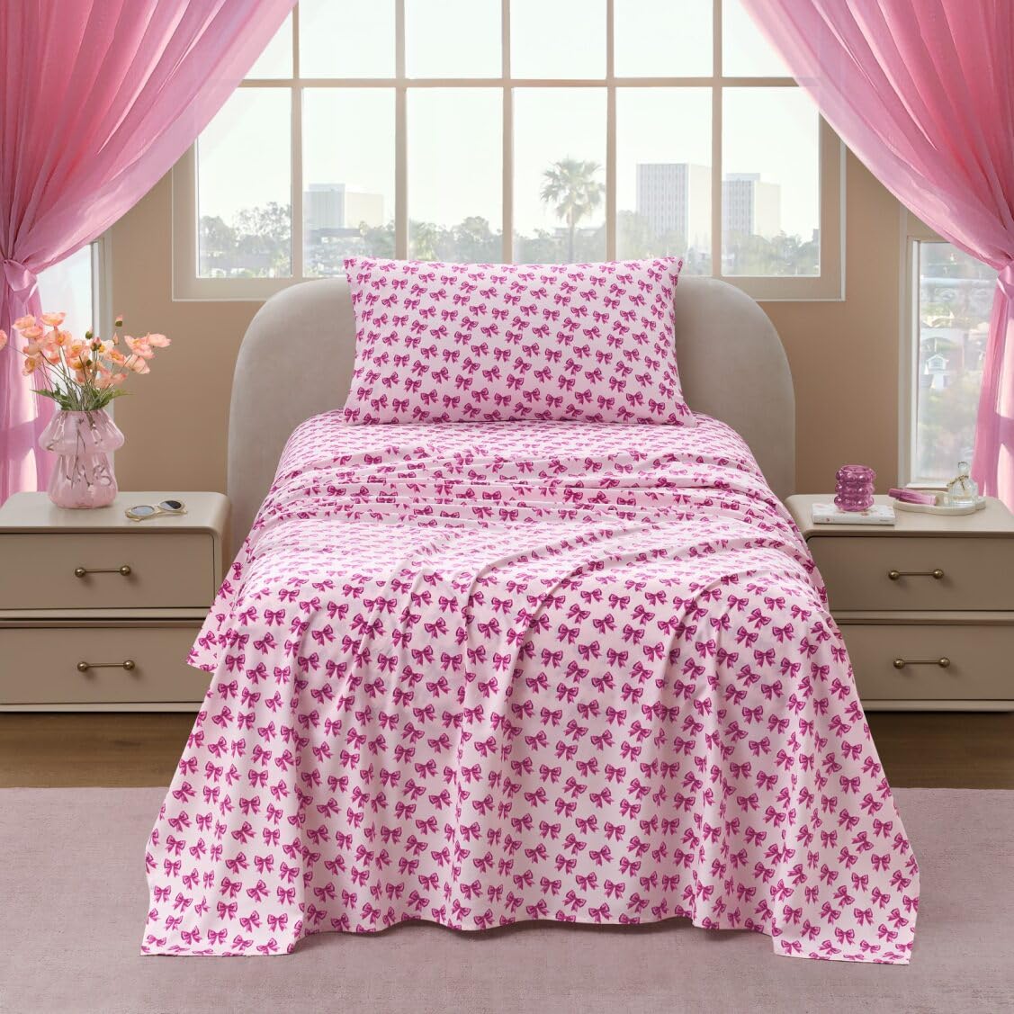 Paris Hilton Twin Size Sheets Set – 3 Piece Microfiber Bed Sheets with Fitted Sheet, Flat Sheet & Pillow Cover, Fits up to 13" Mattress Deep Pocket Twin Sheet Set for Women, Bows, Pink