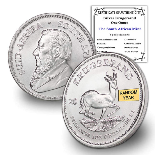 South African Silver Krugerrand Coin - 1 oz Brilliant Uncirculated with Certificate of Authenticity