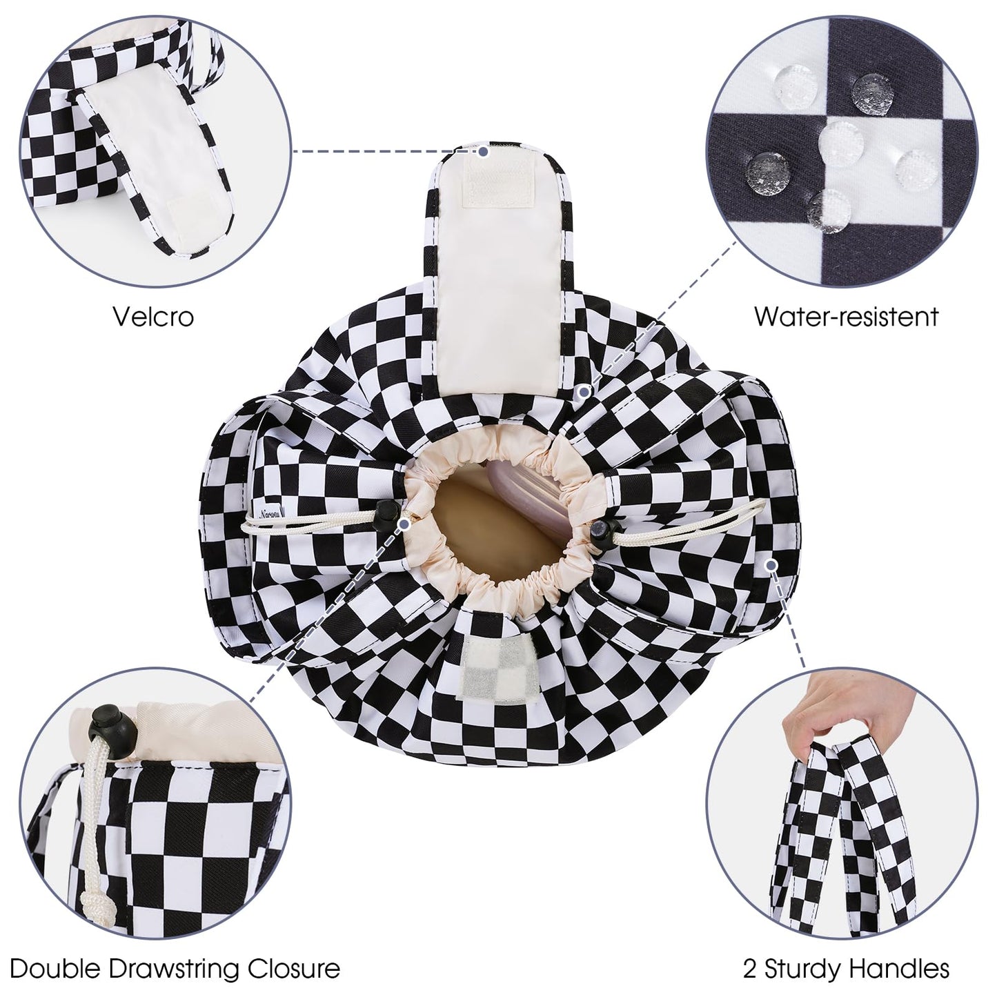 Narwey Barrel Drawstring Checkered Makeup Bag Large Cosmetic Bag Make up Bags Toiletry Bag Travel Bags for Toiletries Organizer for Women Gift for Teen Girls (Black Checkerboard) (Patent)