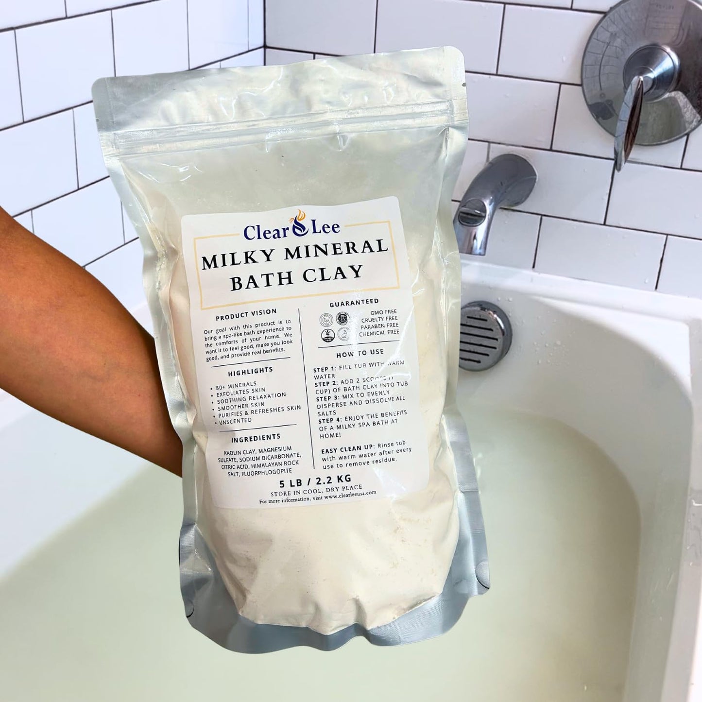 ClearLee Milky Mineral Bath Clay - Kaolin Clay, Magnesium Sulfate (Epsom Salt), Himalayan Rock Salt - Soothing and Relaxing Soak - Exfoliation for Smoother Skin - 5 lb (12-15 Baths)
