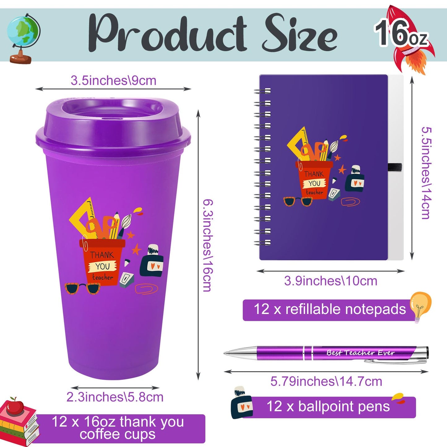 Skylety 36 Pcs Teacher Appreciation Gift Bulk, End of Year Thank You Gifts, 16 oz Reusable Plastic Coffee Cup with Lid, Inspirational Notebooks and Ballpoint Pens for Graduation Office(Teacher Life)