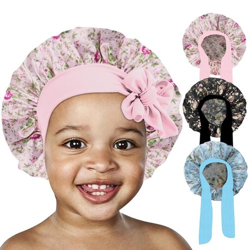 FIRSTPELLA 3 Pcs Baby Hair Bonnet for Sleeping - Kids Silk Satin Bonnets for Girls Curly Hair,Satin Sleep Bonnet for Teens Toddler Child(Pink+Black+Blue)