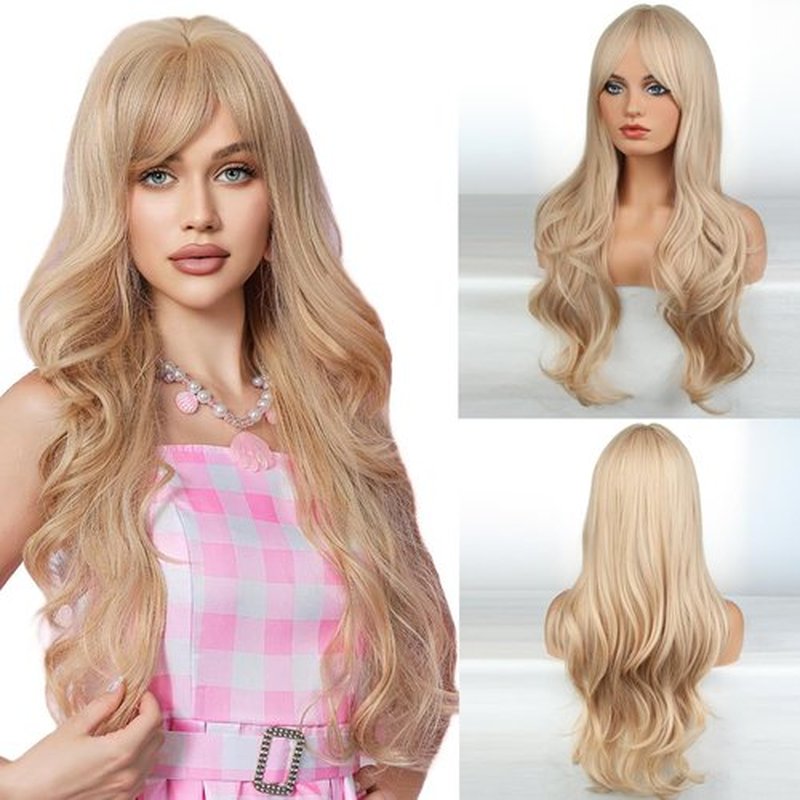 BERON 26 Inches Strawberry Blonde Wig Long Wavy Wig with Bangs Synthetic Wig Long Wig Blonde Wigs for Daily Party with Wig Cap