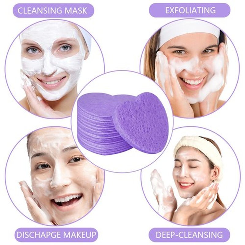 100-Count Compressed Facial Sponges for Estheticians Heart Shape Natural Cellulose Sponge Professional Cosmetic Spa Sponges for Face Cleansing, Massage, Pore Exfoliating, Mask, Makeup Removal, Purple