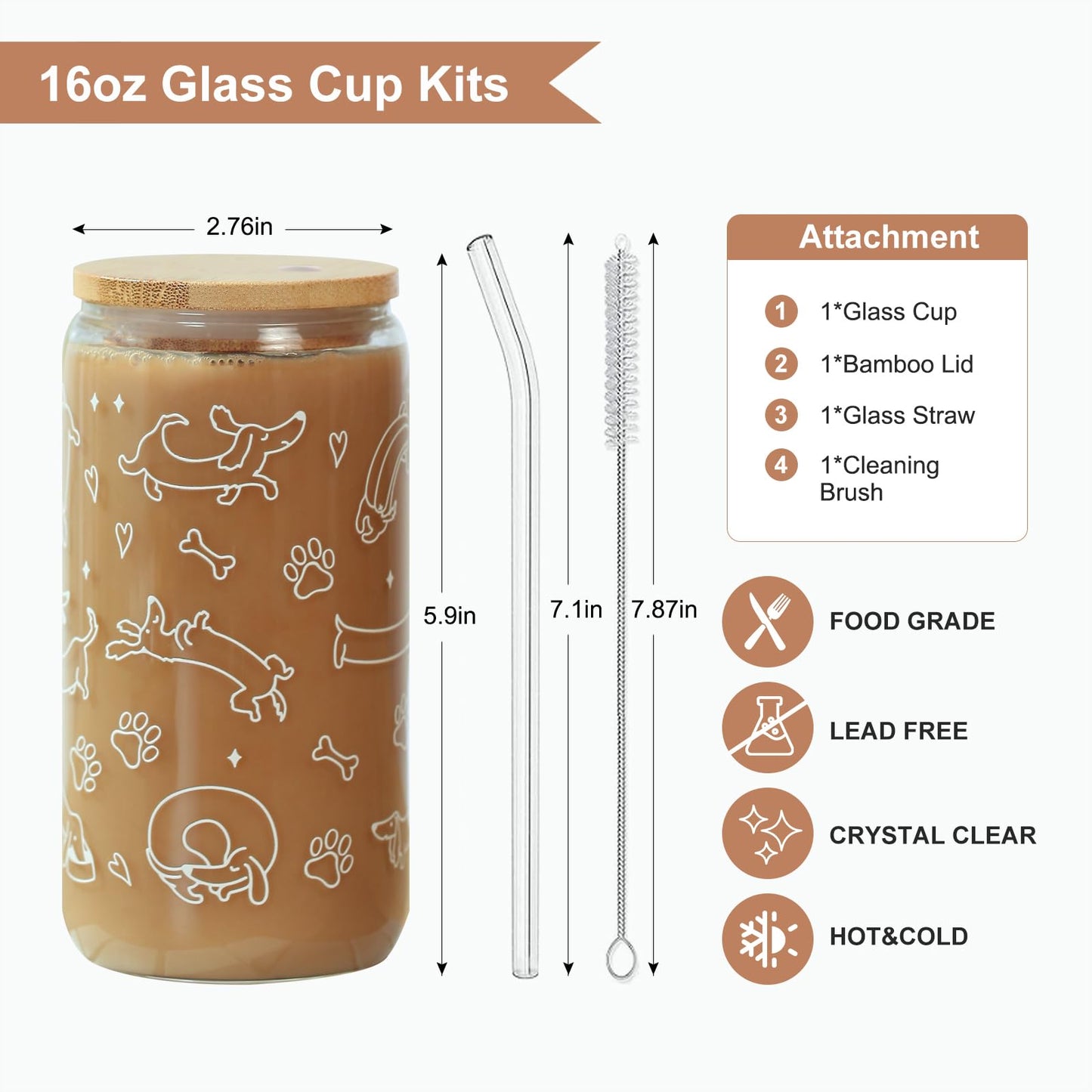 KMCCUMBER Dachshund Glass Cup with Lid & Straw for Dog Lovers - 16oz Cute Funny Weiner Dog Iced Coffee Cup Smoothie Tumbler Dog Owner Gift for Friend Mom Wife Pet Mommy Teen Girls Valentines Gifts
