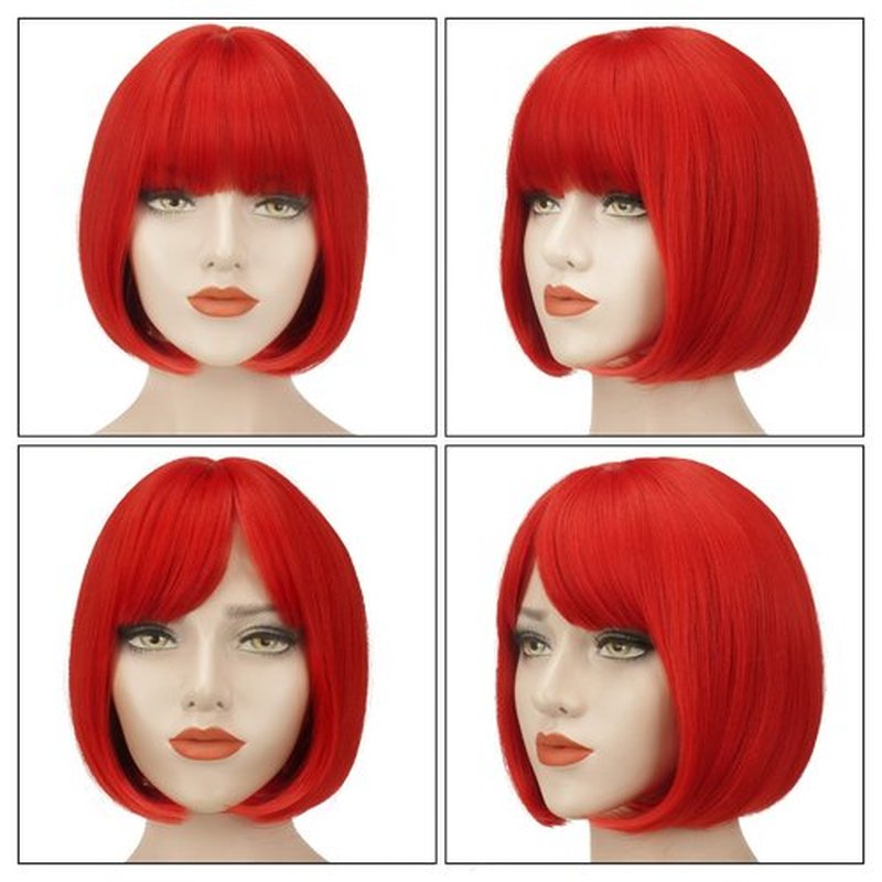 SOFEIYAN Short Straight Bob Wigs with Bangs 11 inch Synthetic Daily Party Cosplay Hair Wig for Black Women, Red