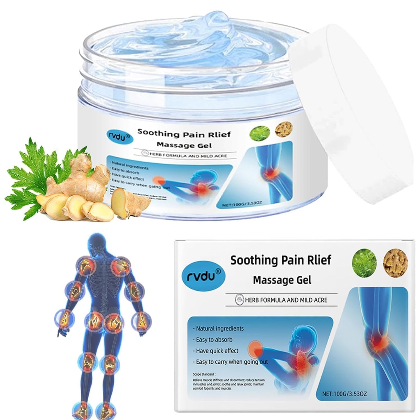RVDU Soothing Massage Gel – Cooling Blue Gel with Natural Extracts, Fast Absorbing Formula for Back, Shoulder, Knee & Muscle Comfort, Non-Greasy (1PCS)