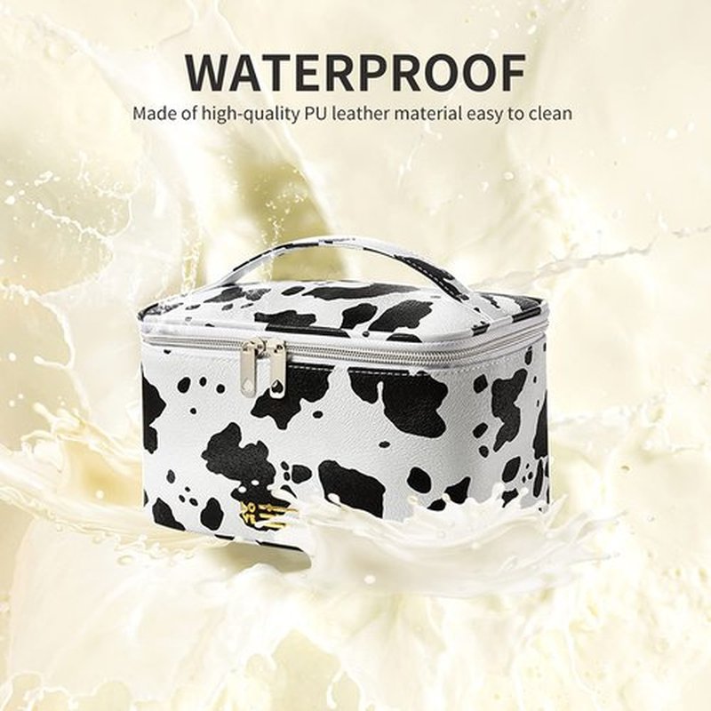 Makeup Bag Portable Travel Cosmetic Bag for Women, Beauty Zipper Makeup Organizer PU Leather Washable Waterproof (Cow Print)