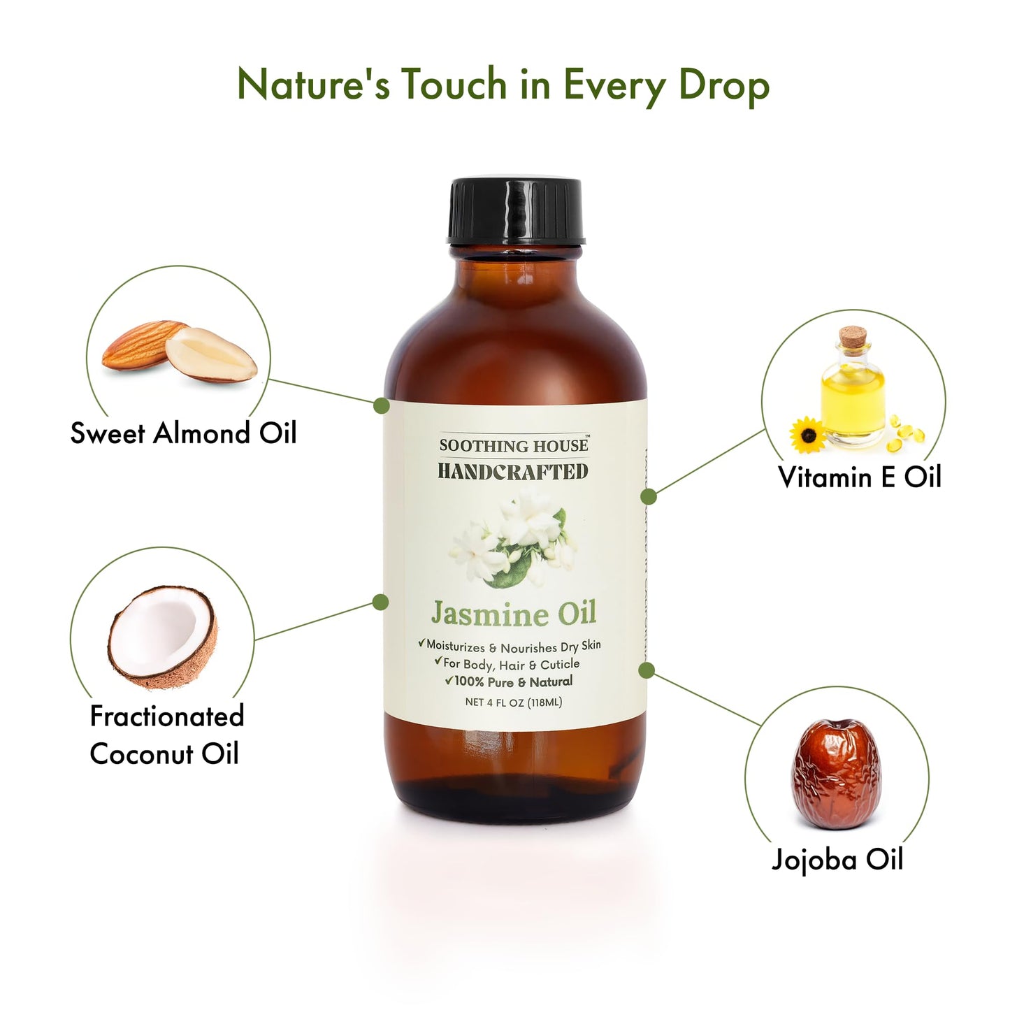 Soothing House Jasmine Body, Hair & Nail Oil: Nourishing & Fast-Absorbing, Lightweight Glow, with Vitamin E, Jojoba & Sweet Almond, All-Natural, 4 Fl Oz