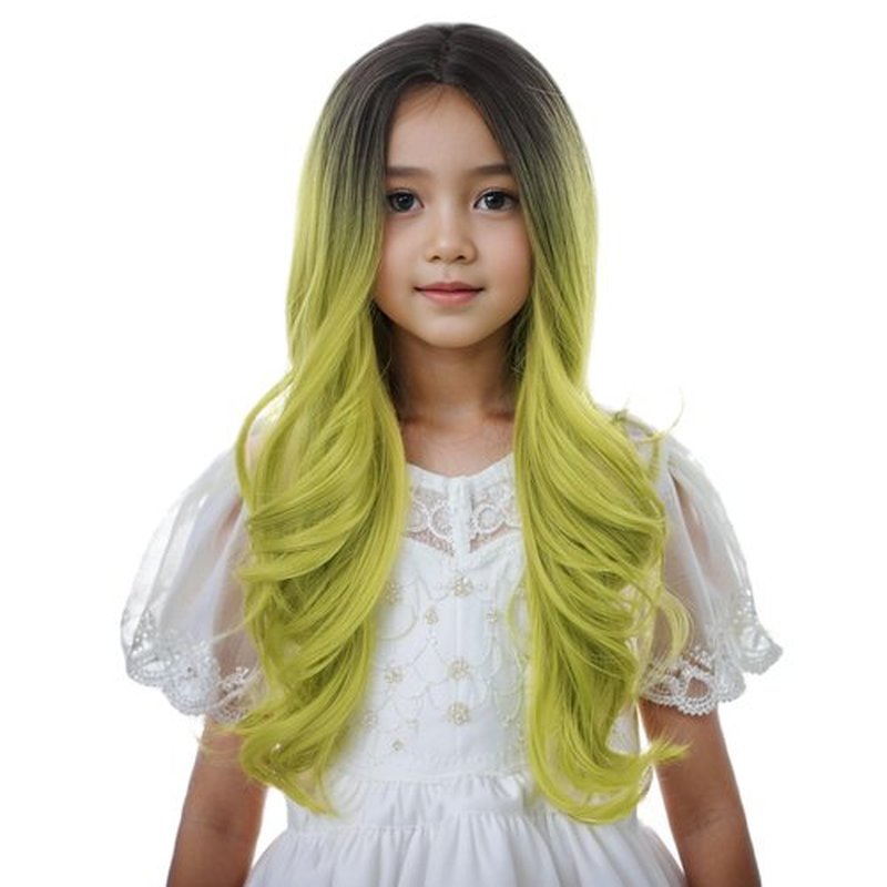Edivd Kids Black Ombre Green Wig Girls Long Green Wavy Curly Wig Children Black to Green Middle Part Wig Heat Resistant Synthetic Wig with Wig Cap