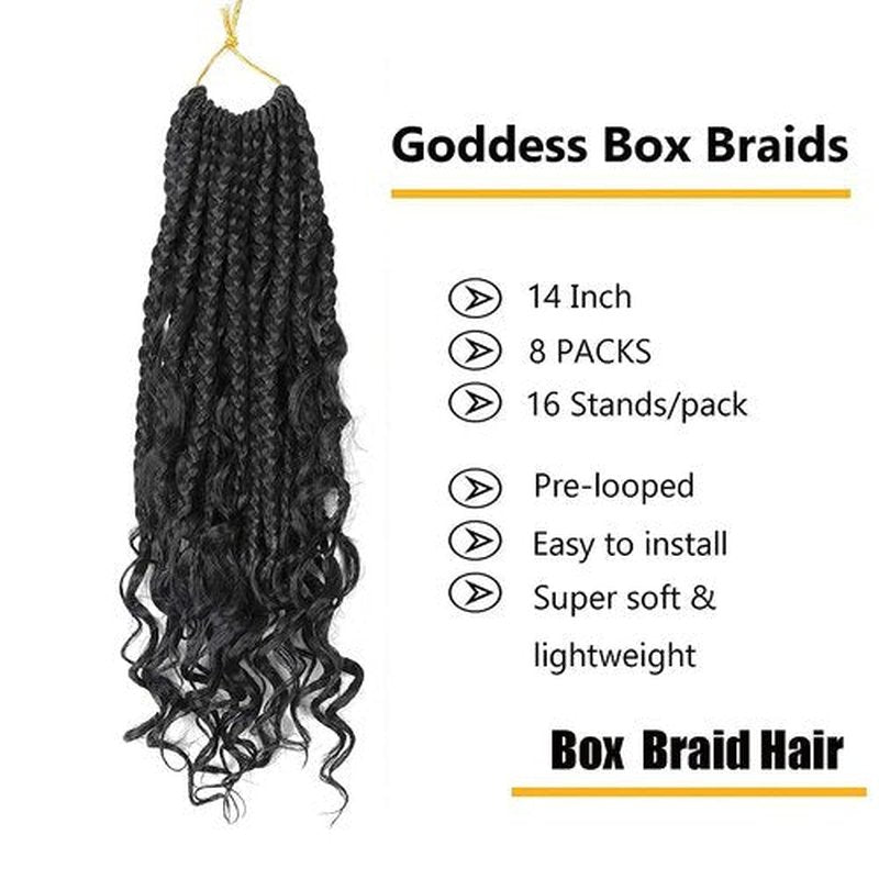 LMZIM 14 Inch Goddess Box Braids Crochet Hair Bohomian Crochet Box Braids Curly Ends 8 Pack 3X Crochet Braids Synthetic Braiding Hair Extension Black (14inch, 1