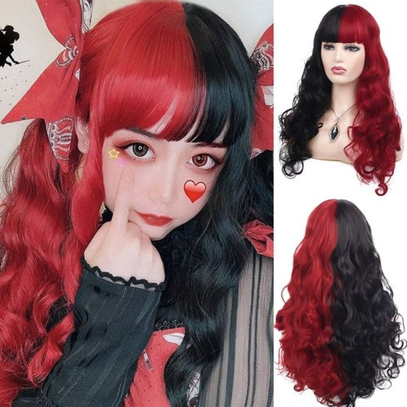 Baruisi Half Black Half Red Wig Long Curly Wavy Synthetic Heat Resistant Bangs Wig for Women