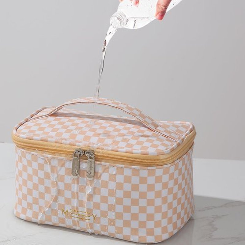 Meiyuuo Travel Makeup Bag Checkered Multi Color Portable Small Cosmetic Bags for Women Zipper Pouch Toiletry Bag Make up Organizer Waterproof Cute (Chess Plaid Khaki Beige)