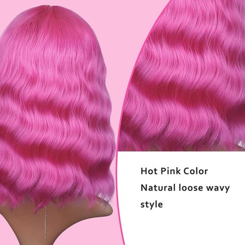 BEAUTIFA Hot Pink Wig for Women Wavy Curly Pink Bob Wigs Middle Part 14 Inch Shoulder Length Heat Resistant Synthetic Colorful Wig
