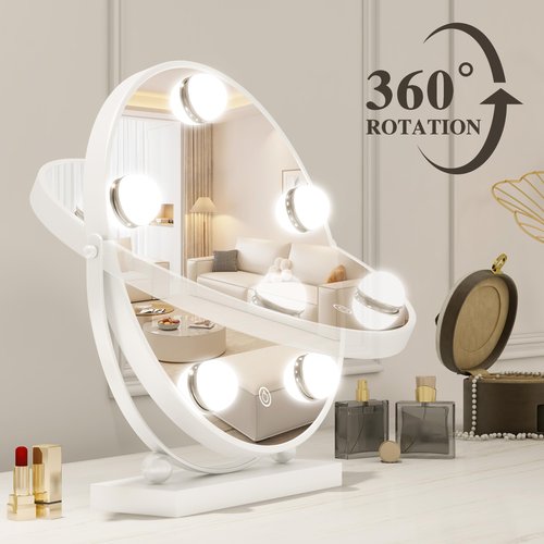 ROLOVE 13 Inch Hollywood Vanity Mirror with Lights, Round Make Up Mirror with Lighting, LED Makeup Mirror with 5 Dimmable Bulbs for Bedroom Tabletop, Smart Touch Control, 360° Rotation