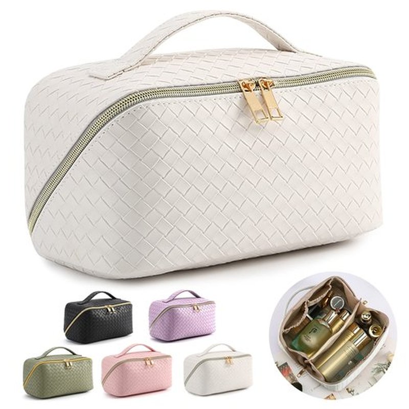 MINGRI Large Capacity Travel Cosmetic Bag for Women,Portable PU Leather Checkered Makeup Bag Water Resistant,Flat Open Multifunctional Storage Toiletry Bag with Divider and Handle (Woven-White)