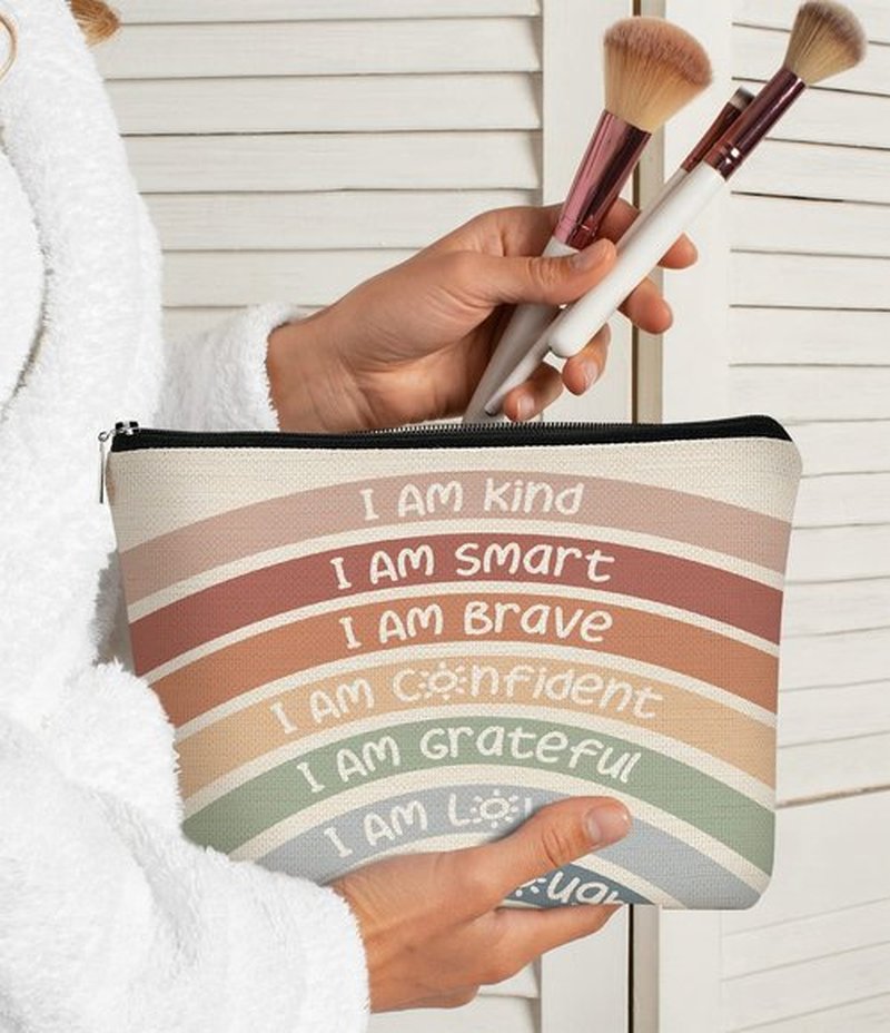 BARPERY I Am Kind I Am Smart I Am Brave Inspirational Makeup Bag,Makeup Bags for Women, Rainbow Cosmetic Bag Gift for Women,Inspirational Gifts for Women Teacher Coworker