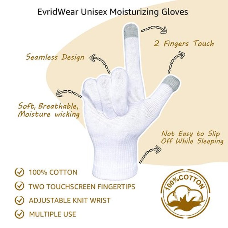 Evridwear Unisex Moisturizing Cotton Gloves with Touchscreen Fingertips for Eczema Beauty Cosmetic Dry Hands Sensitive Irritated Skin Therapy Overnight Bedtime, 6 Pairs, Lightweight-White, L/XL