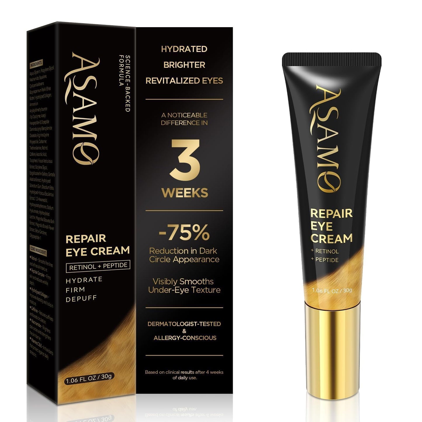 ASAMO Retinol Eye Cream – Retinol and Peptides for Fine Lines, Puffiness, and Under-Eye Shadows, Anti Aging, Eye Care Daily Wrinkle Cream,1.06 fl.oz