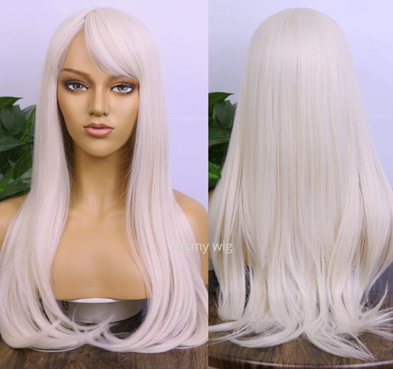 MSMYRNS Platinum Blonde #60 Long Wavy Curly Heat Resistant Synthetic Wig With Bangs Glueless No Lace Fringe Wig For Women Girls Costume Role Play Wig Scalp Base Middle Part Hair Replacement Wig