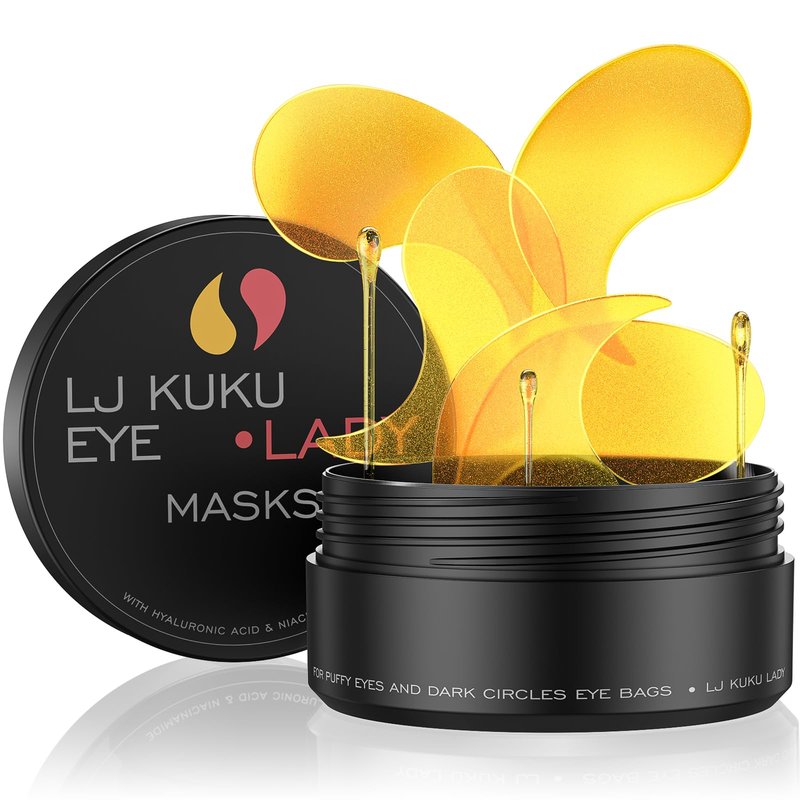 LJ KuKu Lady Under Eye Patches Gold Essence Hydrogel Eye Masks for Puffy Eyes and Dark Circles Caffeine Hyaluronic Acid & Niacinamide Deep Hydrating Eye Mask for Men & Women 60 PCS (Gold)