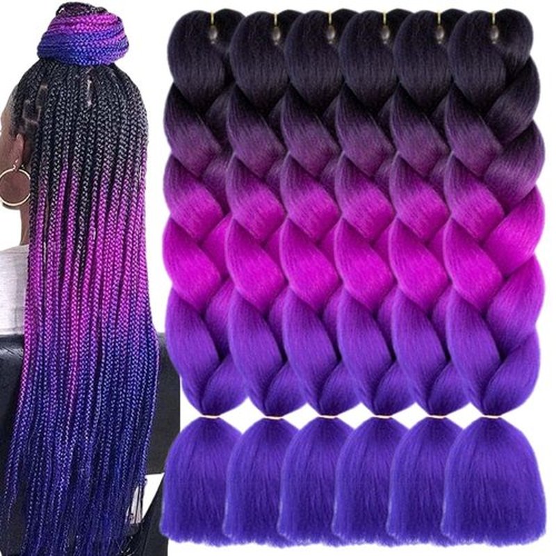 TENGSHUO FLY Black Purple Red Royal Blue Braiding Hair 6 Packs Synthetic Braid Hair Extensions Ombre Braiding Hair 24 Inch or Box Braids Twist Crochet Braids(24"6Pack,Black-Purple Red-Royal Blue)