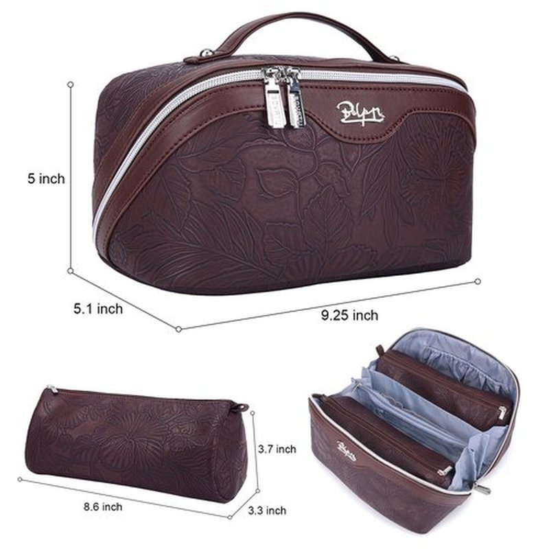 Travel Makeup Bags Cosmetic Organizer Bag: 3-Set Large Capacity Make up Bag - PU Leather Toiletry Bag for Women - Wide Open Portable Pouch with Divider & Handle (02-Reddish-Brown)