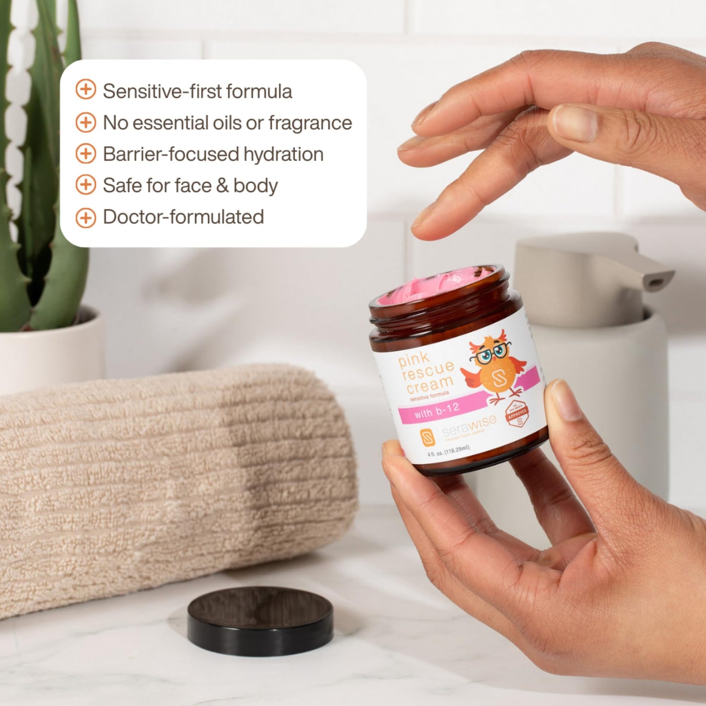 Serawise Pink Rescue Cream by Dr. Ana Maria Temple | Hydration for Sensitive Skin | Includes Calming Botanicals and B-12 | Relieves Redness, Dryness and Irritation | Fragrance Free | 4 Oz