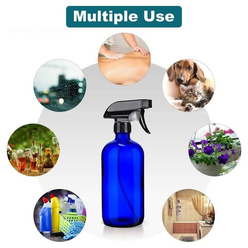 HAOERMEI 16 oz Blue Glass Spray Bottles - 2 Pack Refillable Empty Bottle for Cleaning Solutions, Essential Oils, Plants, Hair Mister - with Pump,Labels &Funnel, Dropper (Blue-2PACK)