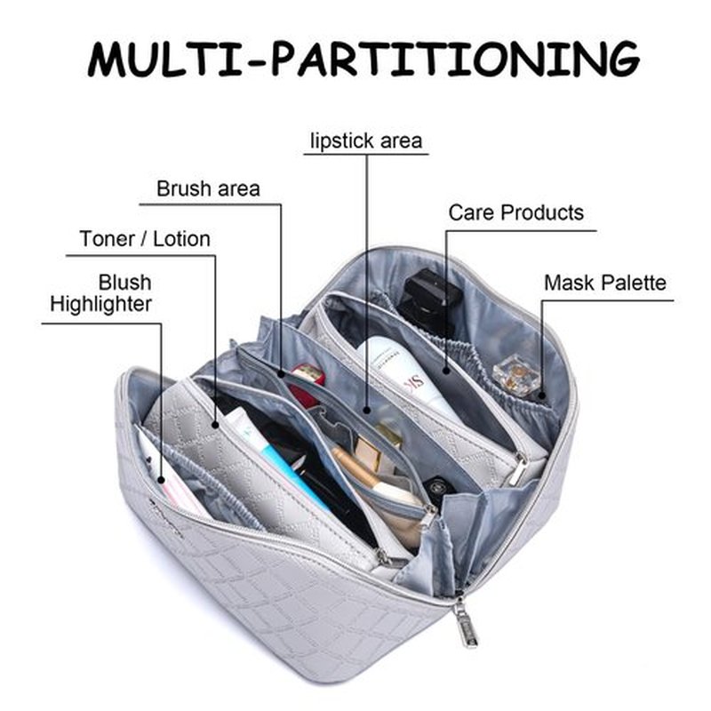 Travel Makeup Bags Cosmetic Organizer Bag: 3-Set Large Capacity Make up Bag - PU Leather Toiletry Bag for Women - Wide Open Portable Pouch with Divider & Handle (07-Gray)
