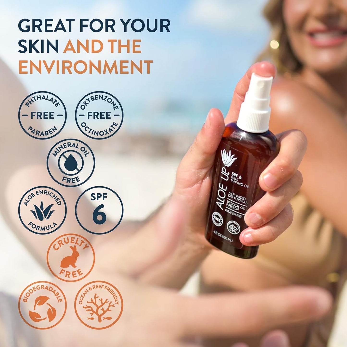 Aloe Up Light Tanning Oil With SPF 6 Sunscreen - Body and Face Tanning for Outdoor Sun - With Pure Aloe Vera Oil and Natural Oils - Absorbs Quickly - - Fresh Tropical Scent - 4 Oz