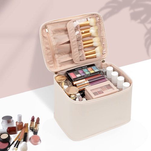 OCHEAL Makeup Bag, Portable Cosmetic Bag, Large Capacity Travel Makeup Case Organizer, Makeup Bags For Women Toiletry Bag for Girls Traveling With Handle and Divider- Beige Large