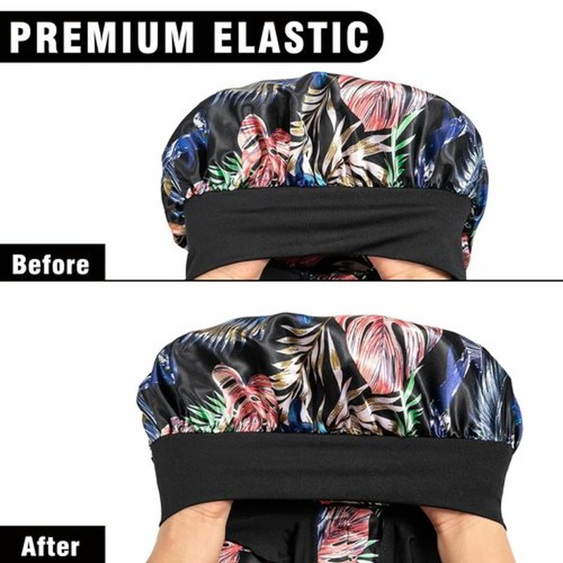 2Pcs Bonnets for Black Women Braid Bonnet, Large Long Satin Bonnet for Braids, Silk Bonnet with Stretchy Tie Band Sleep Cap Hair (2Pcs-Black&Black Pattern)