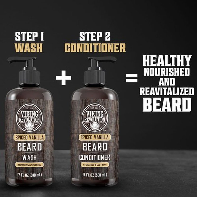Viking Revolution Spiced Vanilla Beard Wash for Men with Argan Oil and Jojoba Oil - Beard Softener and Strengthener Beard Shampoo with Beard Oil - Beard Care to avoid Beard Dandruff and Itch (17 oz)