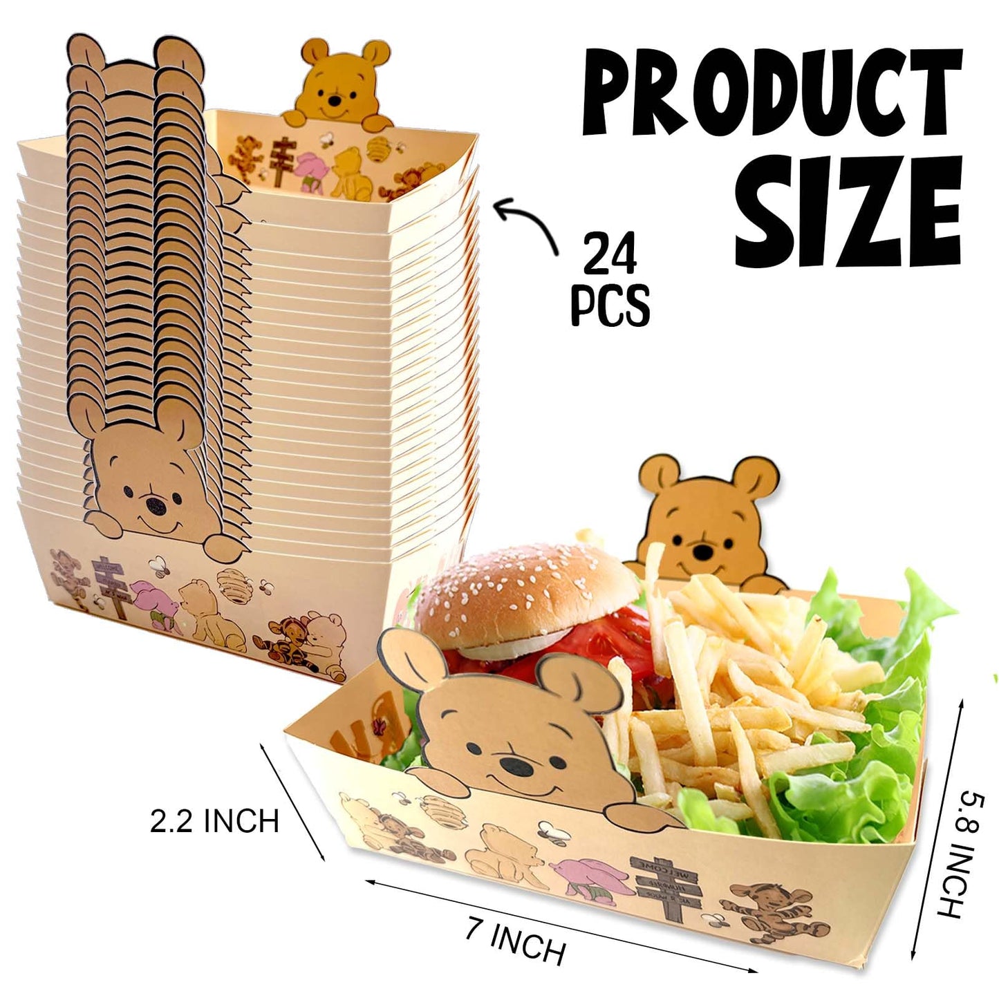 Classic Honey Bear Party Plates - Large Size Winnie Baby Shower Party Favors Paper Food Serving Tray Honey Pooh Bear Baby Shower Decorations Plates Nacho Paperboard Hot Dog Popcorn - 24 PCS