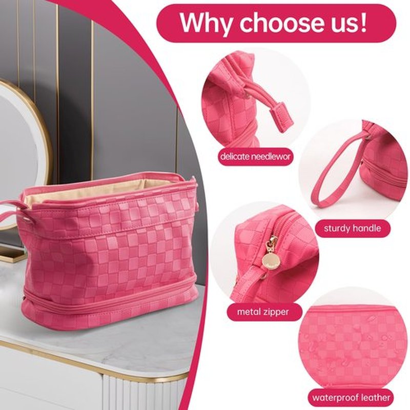 Abiudeng Large Makeup Bag,Waterproof Cosmetic Bag,Make up Travel Bag Essentials,Cute Travel Toiletry Bag for Women Makeup Bag Organizer with Bottom Pouch,Travel Size Toiletries Bag for Women-rose