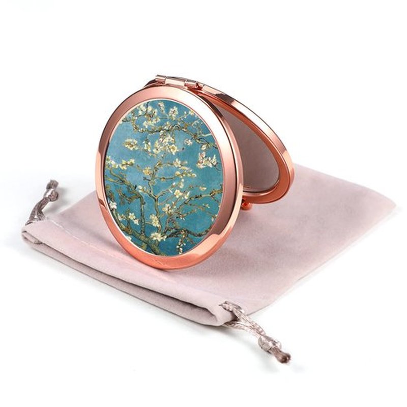 Dynippy Compact Mirror Rose Gold Makeup Mirror Folding Mini Pocket Mirror Portable Hand Mirror Double-Sided 2 x 1x Magnification for Woman Girls (Almond Blossom)