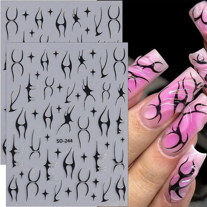 Metallic Line Nail Stickers Flame Nail Decals 3D Self-Adhesive Sticker for Nails 4PCS Silver Red Black Gold Line Designs Y2K Nail Art Stickers for Women Acrylic French Nail Supplies Decorations DIY