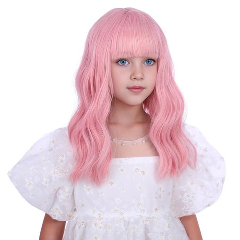Edivd Pastel Pink Wig for Kids Girls Short Light Pink Wig with Air Bangs Short Pink Wavy Curly Wig for Child Heat Resistant Synthetic Wig with Wig Cap