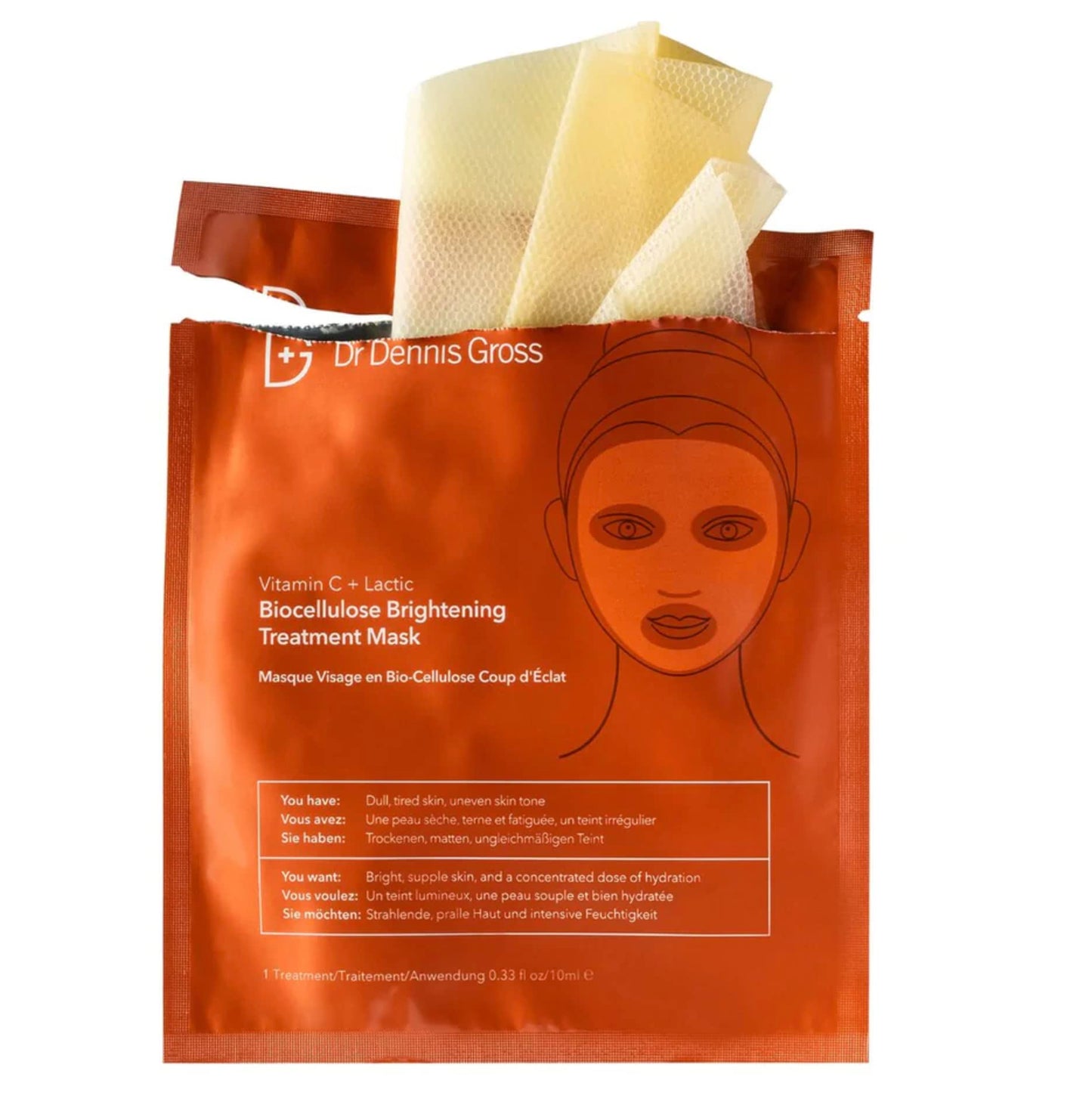 Dr Dennis Gross Vitamin C Lactic Biocellulose Brightening Treatment Mask, Revive Dry, Visibly Damaged Skin, 1 Pack
