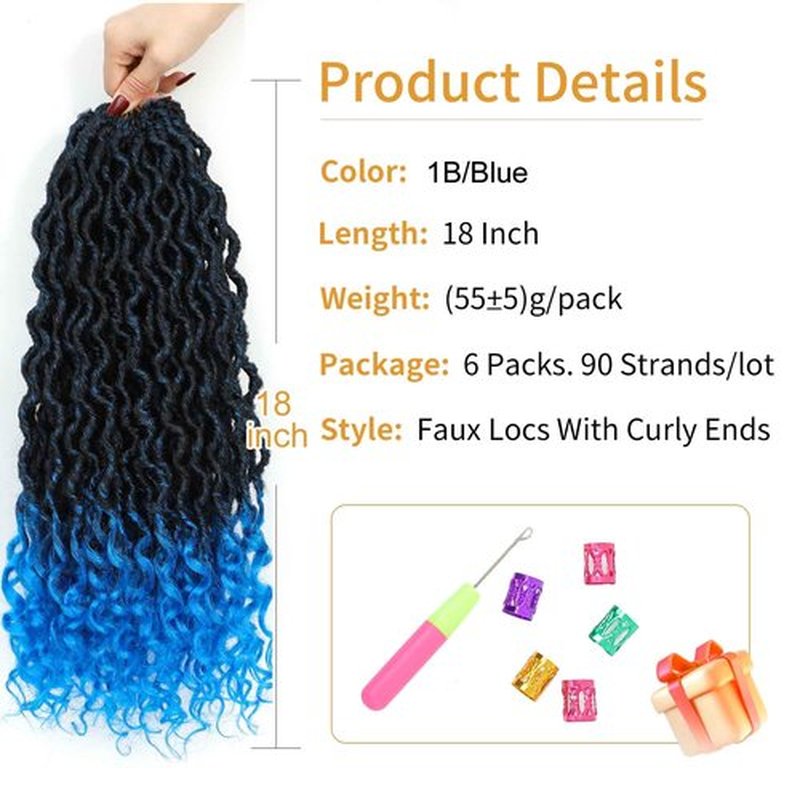 Faux Locs Crochet Hair 18 Inch 6 Packs Ombre Blue Goddess Faux Locs Crochet Hair Pre Looped Crochet Goddess Locs with Curly ends(18 Inch,6 Packs,1B/Blue)