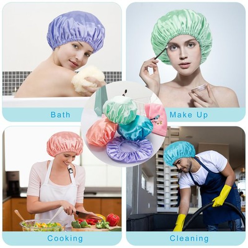 AmazerBath Shower Caps for Women, 4 PCS Waterproof Bath Caps, Elastic and Reusable Shower Hair Cap, Double Layers Hair Cap, Environmental Protection Bathing Hat