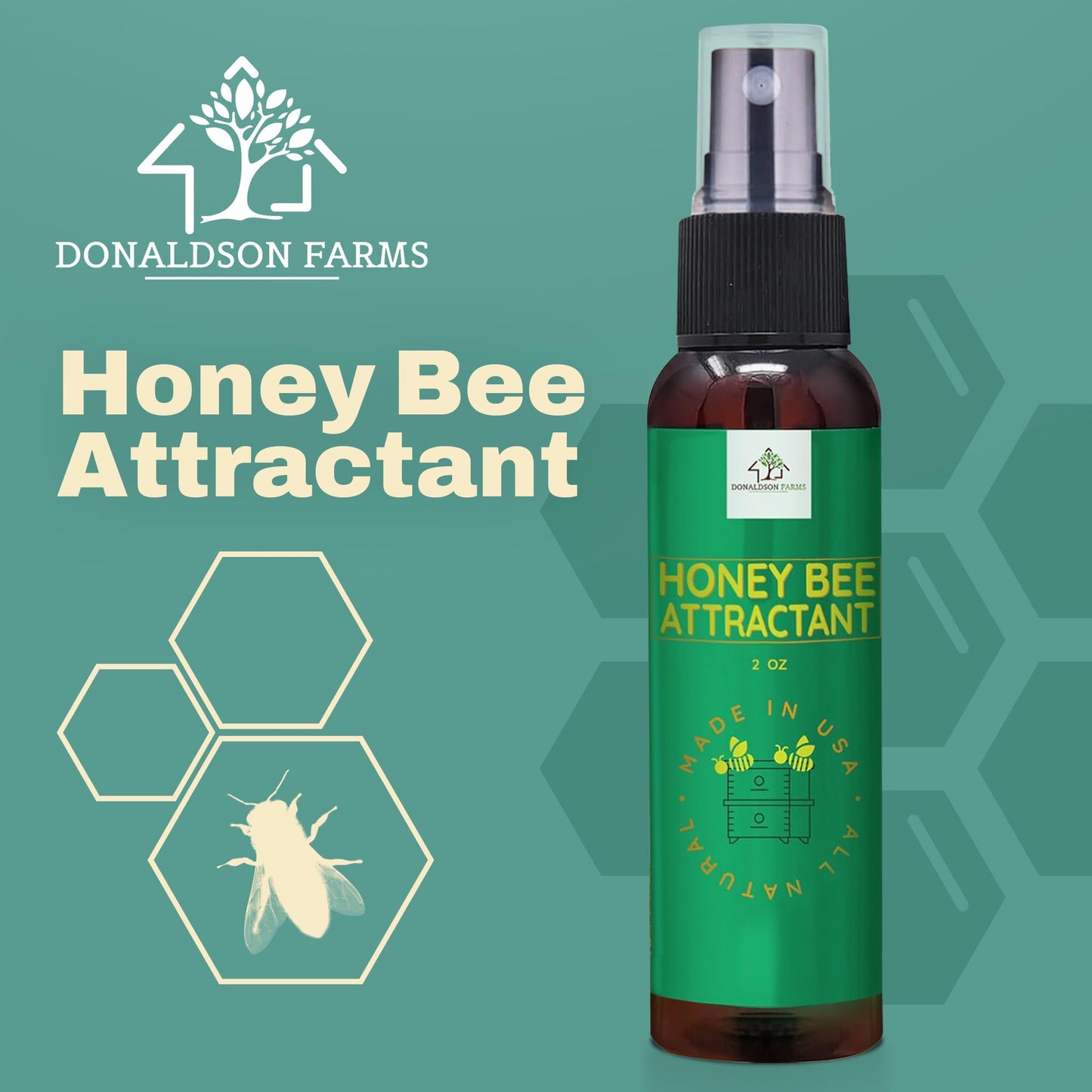 Donaldson Farms - Honey Bee Attractant Spray - Bee Hive Lure for Gardens, Beehives, Flowers & Fruit Trees with Natural Lemongrass Oil Formula, Easy to Use for Beekeepers & Pollinator Support - 2 oz